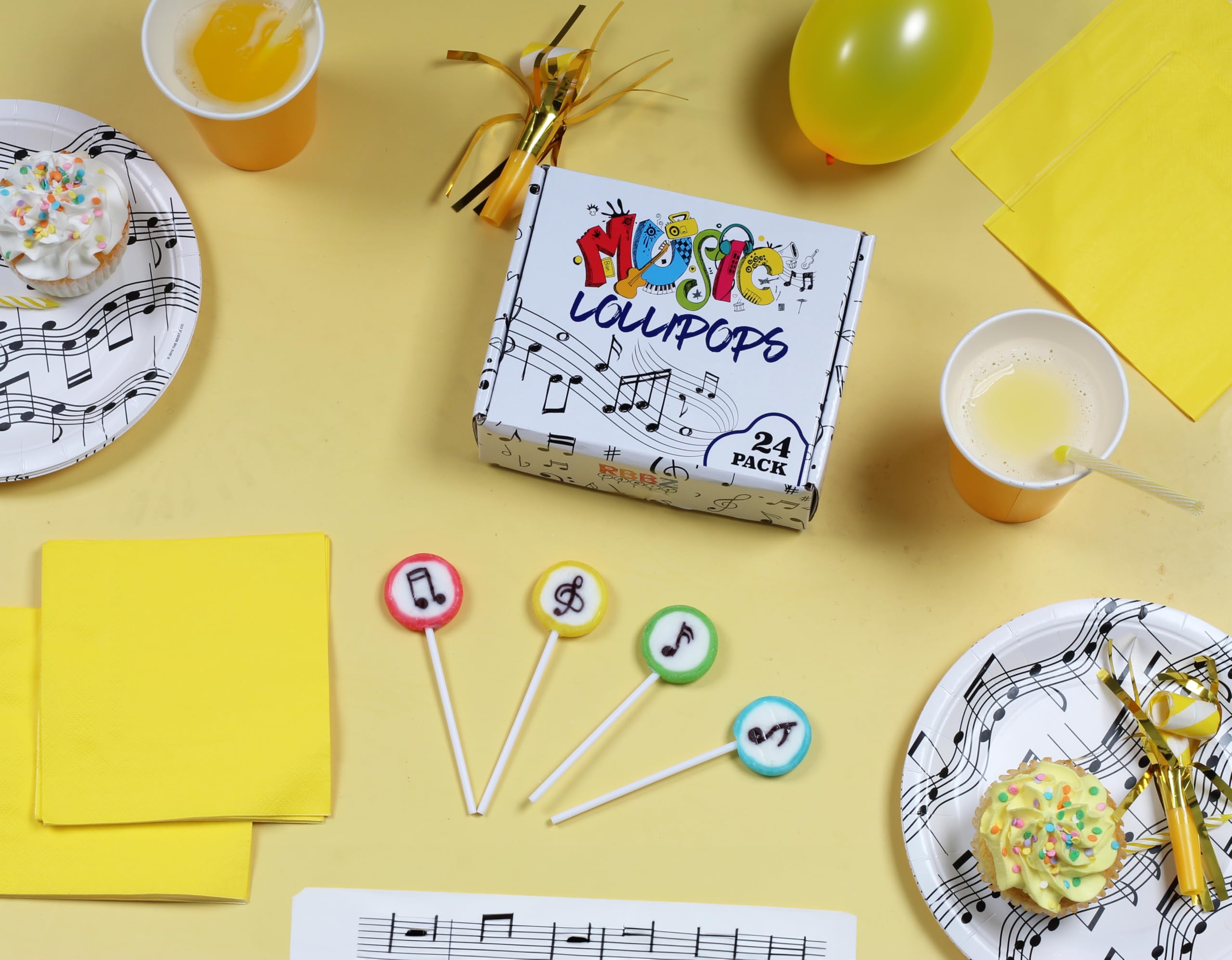 RBBZ Party music-themed gift bags featuring candy lollipops for festive occasions.