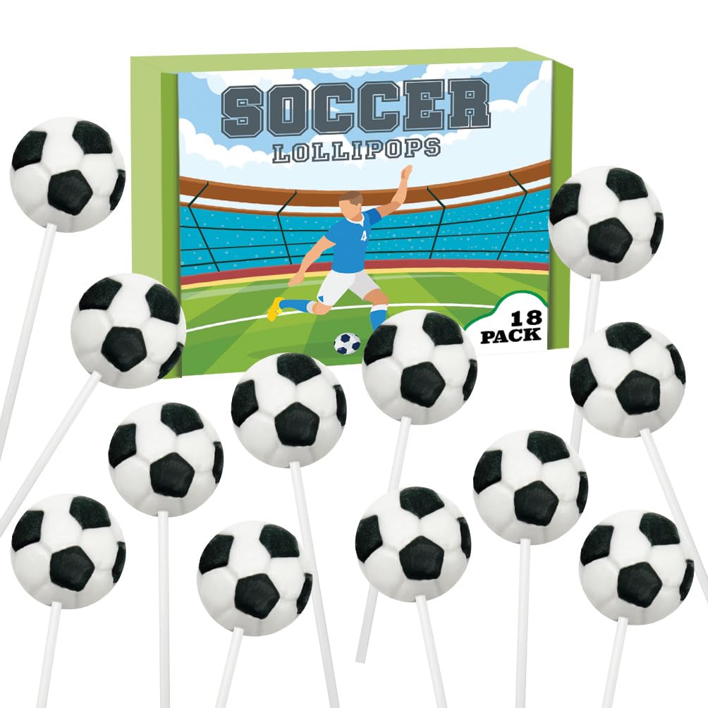 RBBZ Party Soccer Candy Lollipops 18-pack for soccer party favors and goodie bags.