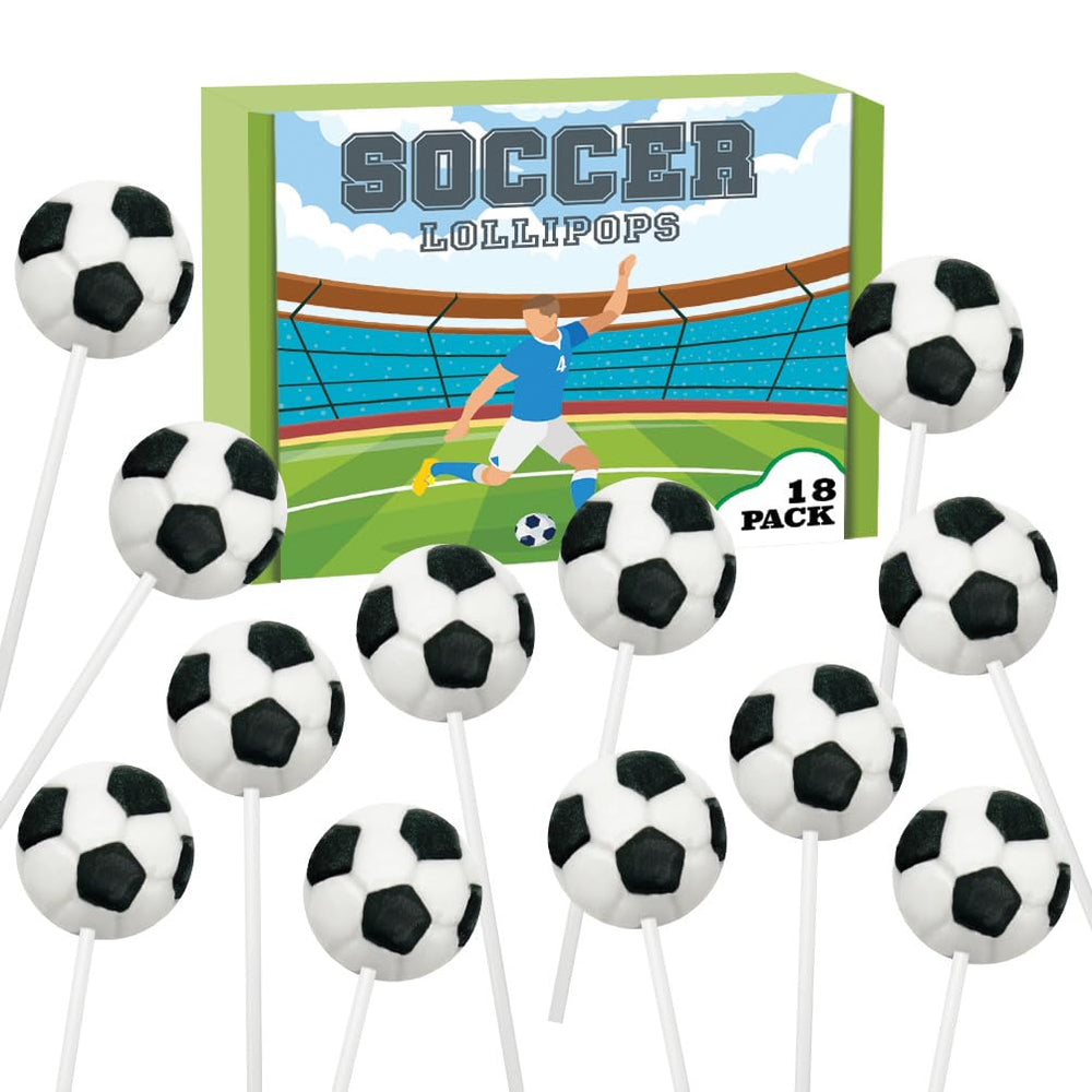 RBBZ Party Soccer Candy Lollipops 18-pack for soccer party favors and goodie bags.