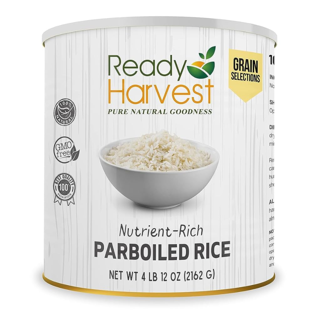 Ready Harvest Emergency Rice can top filled for long-term storage and quick meals.