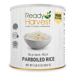 Ready Harvest Emergency Rice can top filled for long-term storage and quick meals.