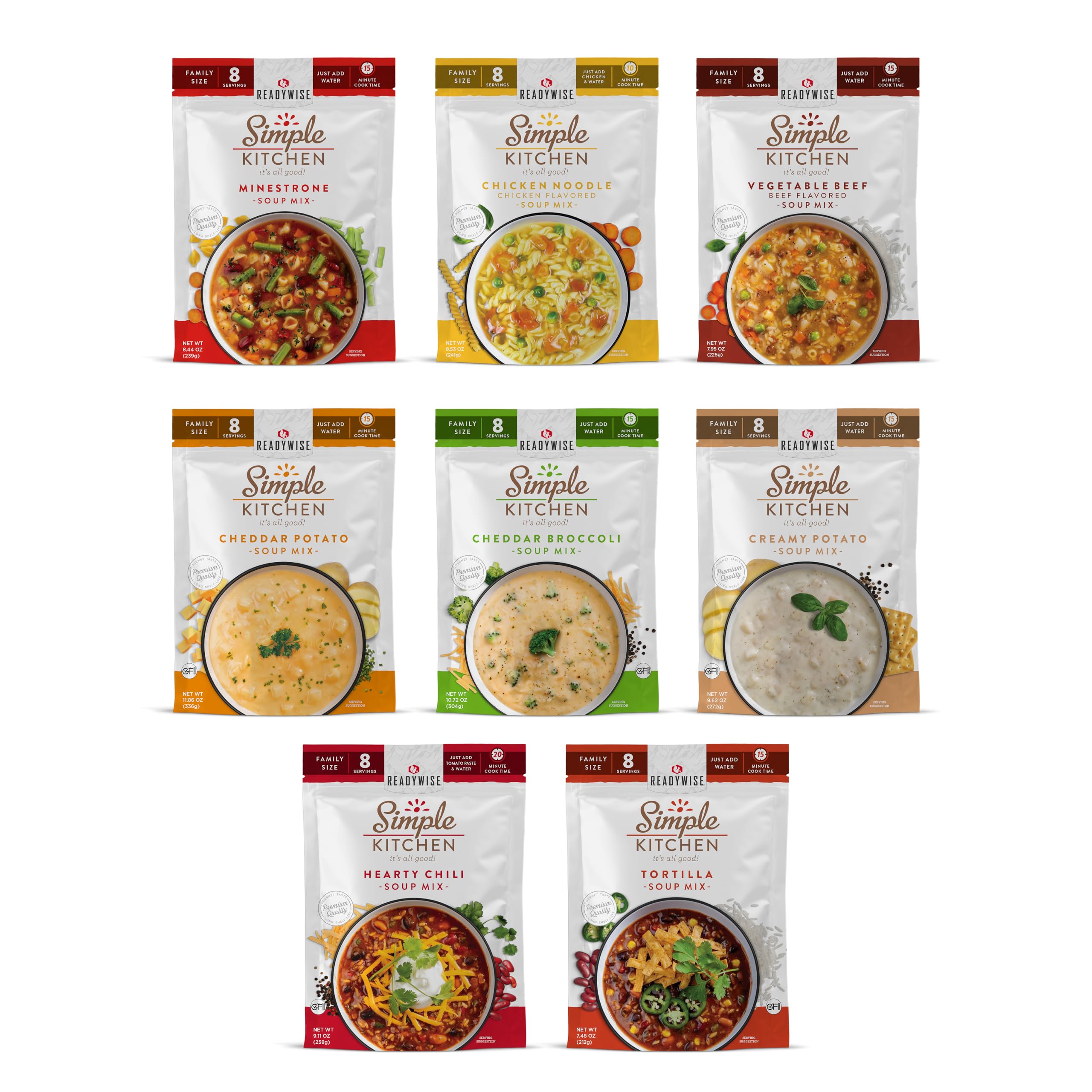 ReadyWise Simple Kitchen Soup Sampler packaging promotes pantry stocking and family meals.