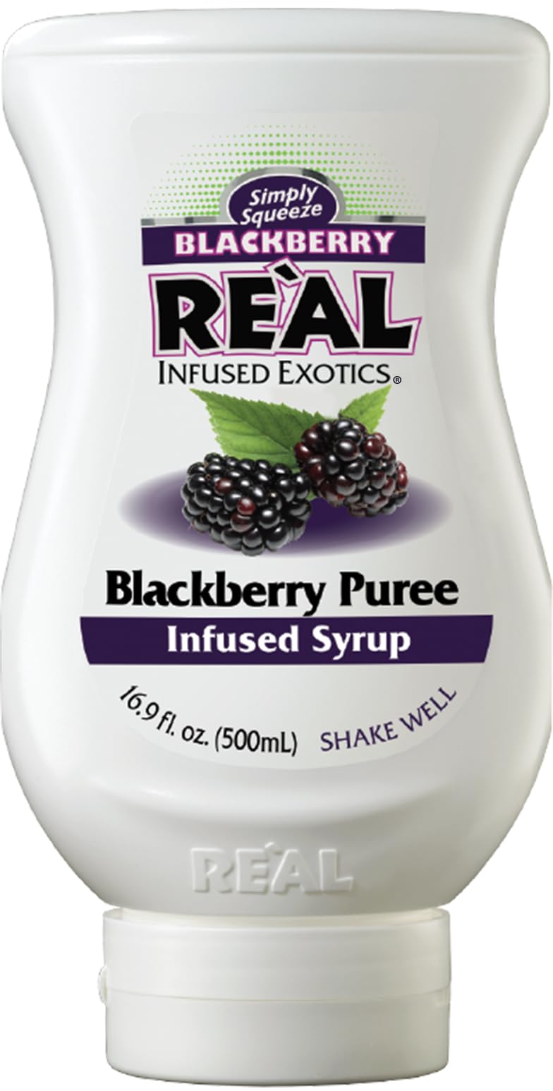 Reàl Blackberry Puree Infused Syrup bottle pour enhances cocktails.
