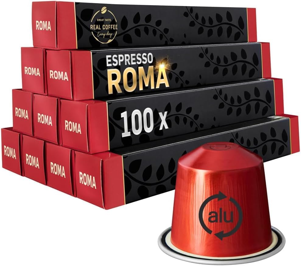 Real Coffee Great Taste Roma Strong Espresso pods deliver bold Italian flavor for morning rituals.