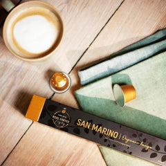 REAL COFFEE GREAT TASTE San Marino label emphasizes Fairtrade Organic certifications