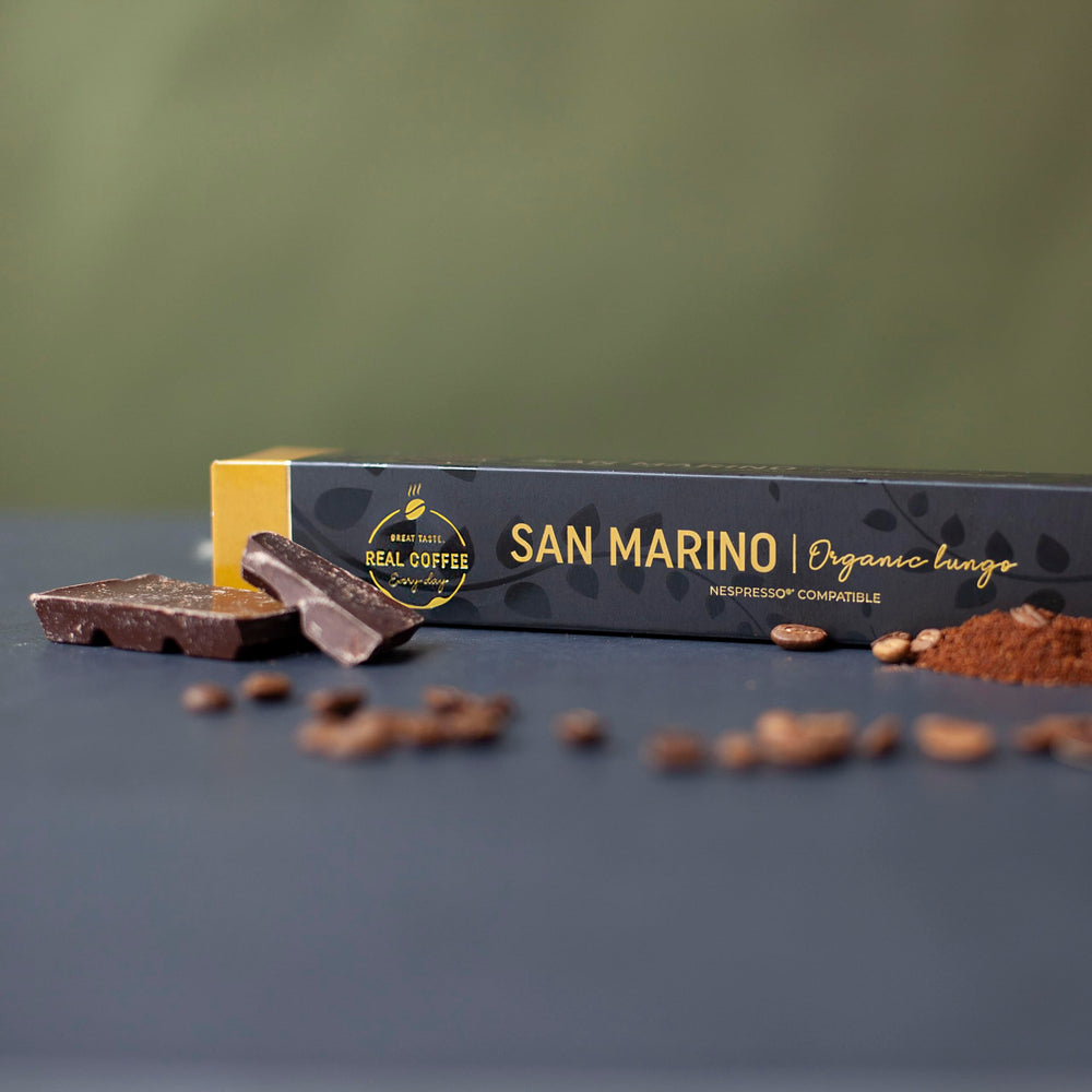 REAL COFFEE GREAT TASTE San Marino morning-mug scene suggesting a balanced, full-bodied lungo