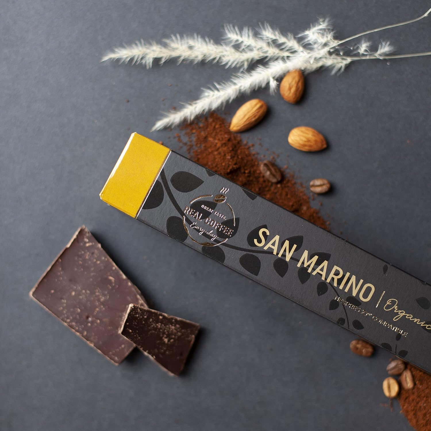 REAL COFFEE GREAT TASTE San Marino roast-profile graphic indicates medium-dark intensity
