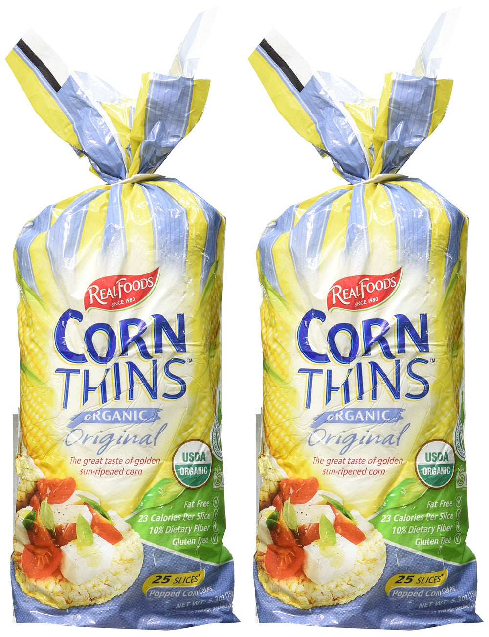 Real Foods Original Corn Thins pack on a shelf, gluten-free and convenient.