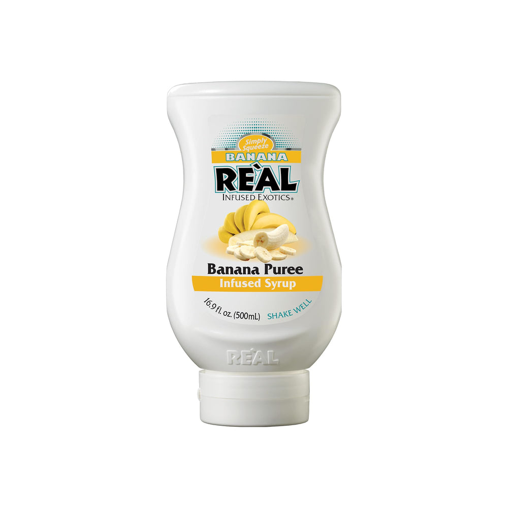 Reàl Infused Exotics Banana Puree Syrup bottle front ideal for fruit-forward cocktails