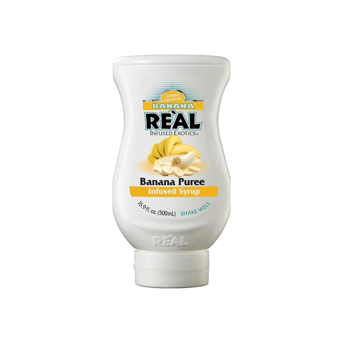 Reàl Infused Exotics Banana Puree Syrup bottle front ideal for fruit-forward cocktails