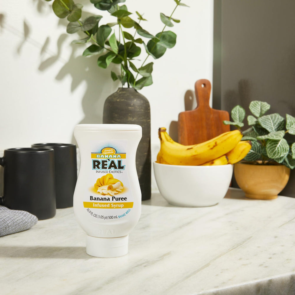 Real Infused Exotics banana puree syrup ideal for baking, desserts, and culinary experiments