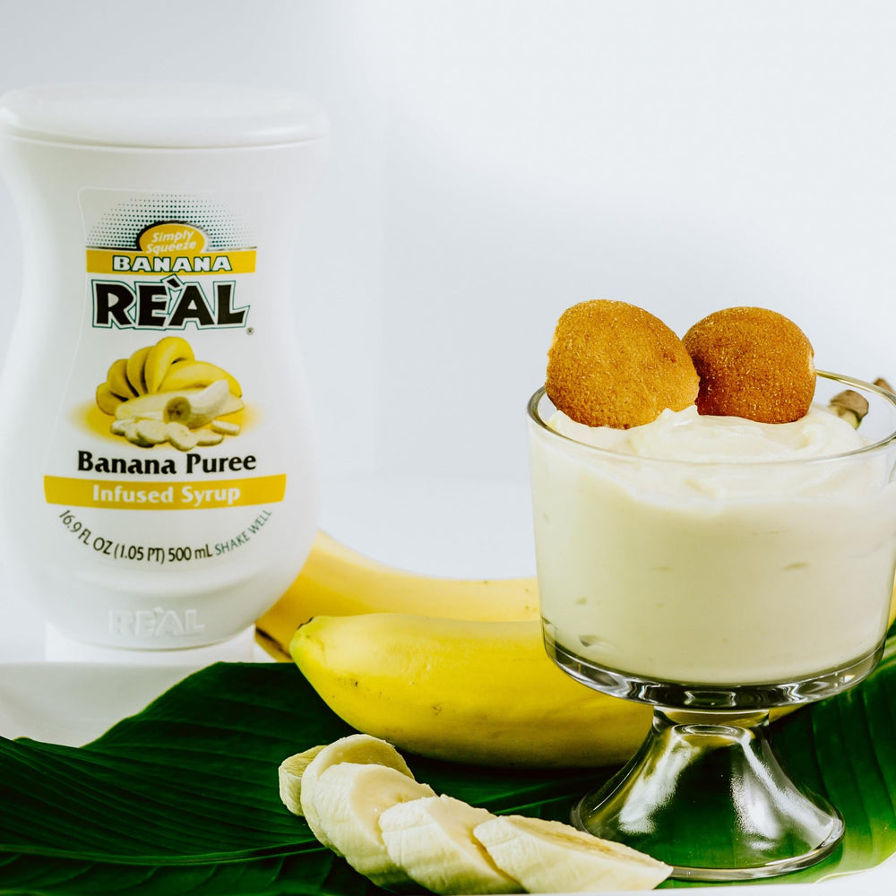 Real Infused Exotics banana puree syrup pairs well with dairy drinks and frozen cocktails