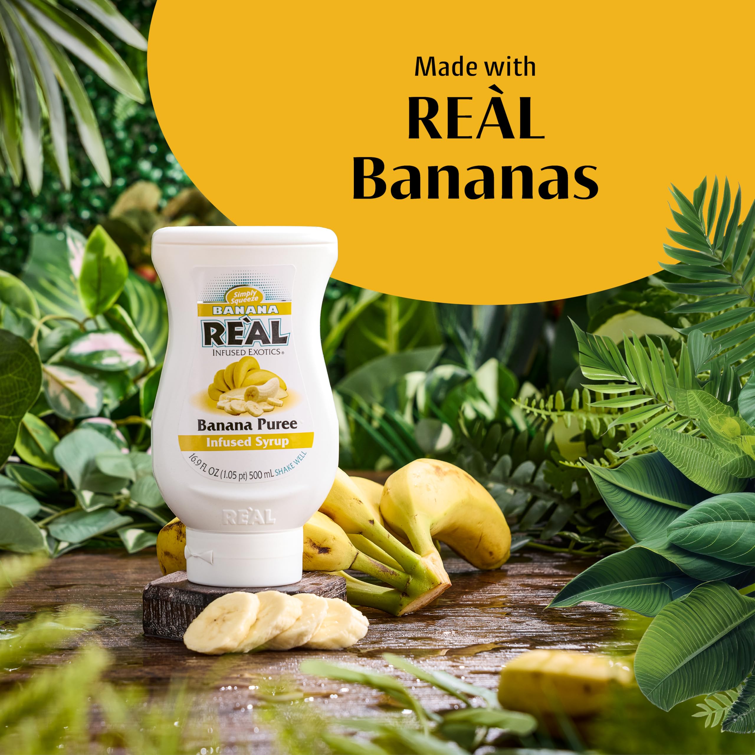 Reàl Infused Exotics Banana Puree Syrup squeezable bottle for easy portioning