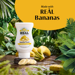 Reàl Infused Exotics Banana Puree Syrup squeezable bottle for easy portioning
