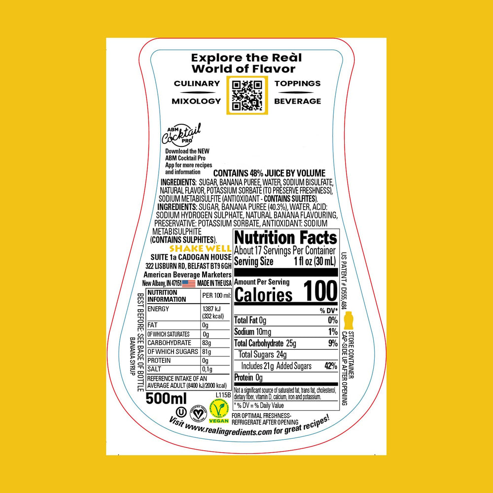Real Infused Exotics banana puree syrup wide-mouth bottle ready for easy, mess-free mixing