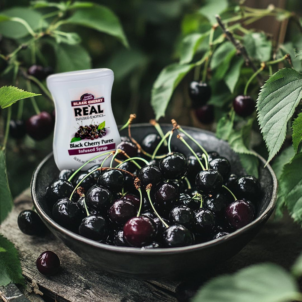 Reàl Infused Exotics Black Cherry Syrup with premium Chilean cherries