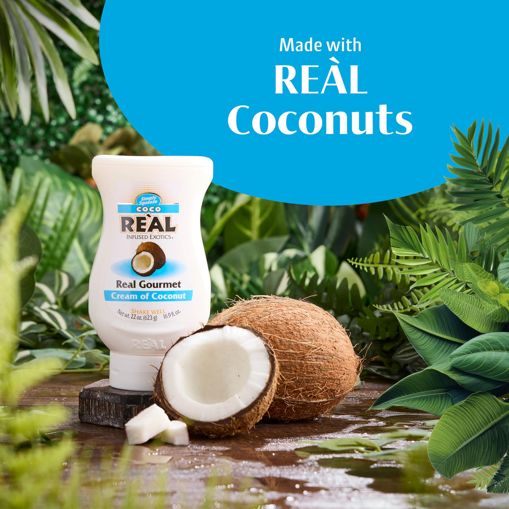 Coco Reàl cream label shows real coconut meat and cane sugar.