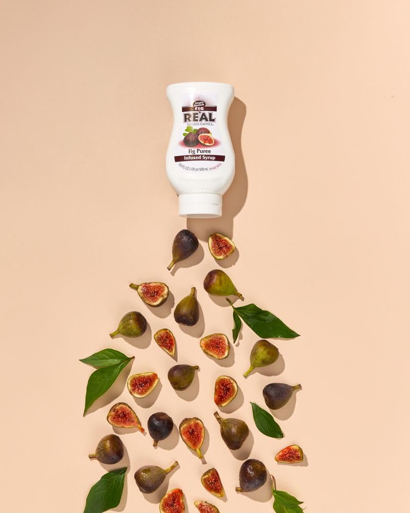 Reàl Infused Exotics Fig puree syrup bottle detail with label for gourmet kitchens