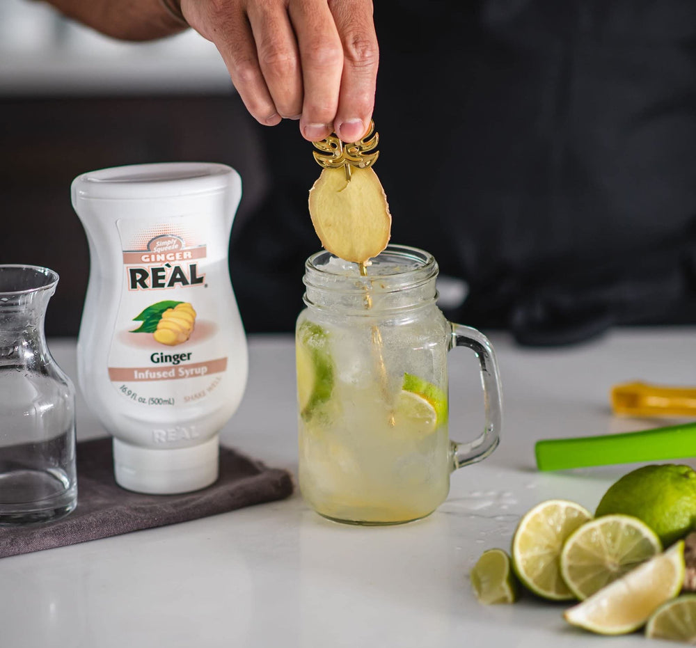Close-up of Reàl Ginger Infused Syrup with premium Laiwu ginger.