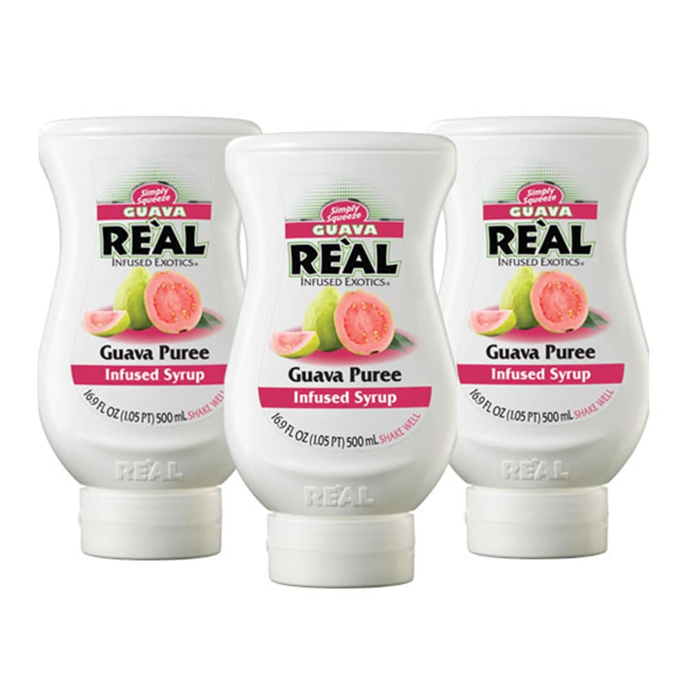 Reàl Infused Exotics Guava Syrup bottle front view for cocktails and desserts