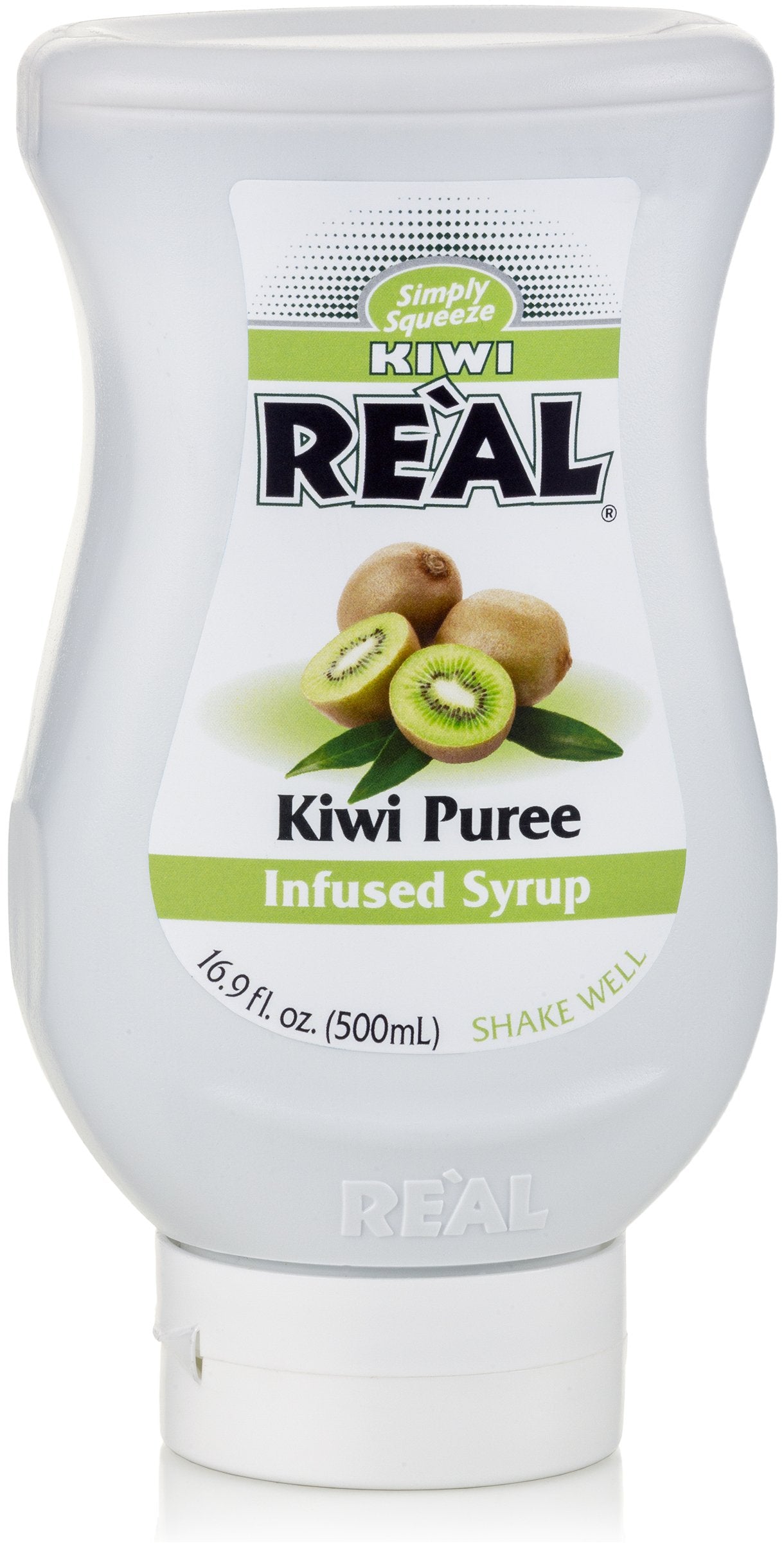 Reàl Infused Exotics Kiwi bottle pour into a glass highlighting versatile use in sodas, desserts, and mocktails.