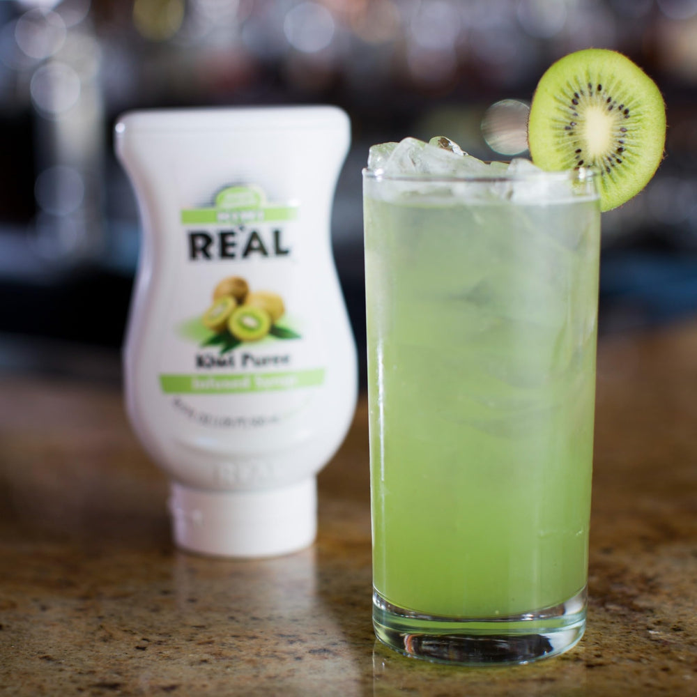 Real Infused Exotics Kiwi Puree Syrup drizzle into beverages for flavor.