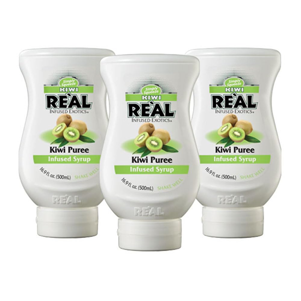 Real Infused Exotics Kiwi Puree Syrup pack of 3 bottles for versatile drinks.
