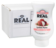 Reàl Infused Exotics Lychee Syrup bottle pour, ideal for tropical cocktails.