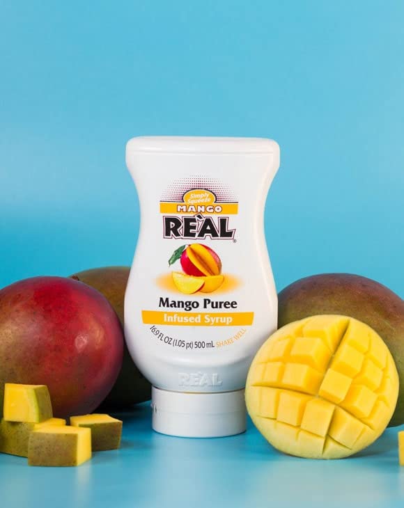 Reàl Infused Exotics Mango Purée Infused Syrup front label close-up showing mango origin