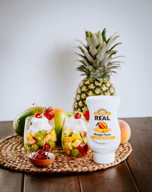 Reàl Infused Exotics Mango Purée Infused Syrup poured into a dessert or drink idea