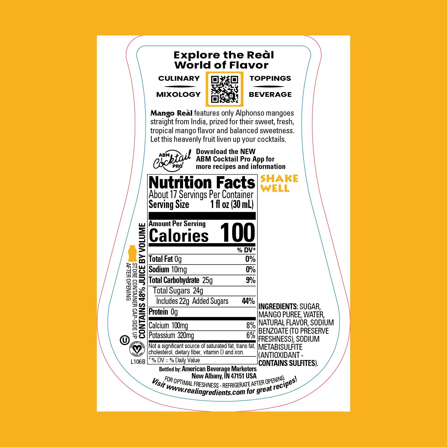 Reàl Infused Exotics Mango Purée Infused Syrup back label with freshness notes