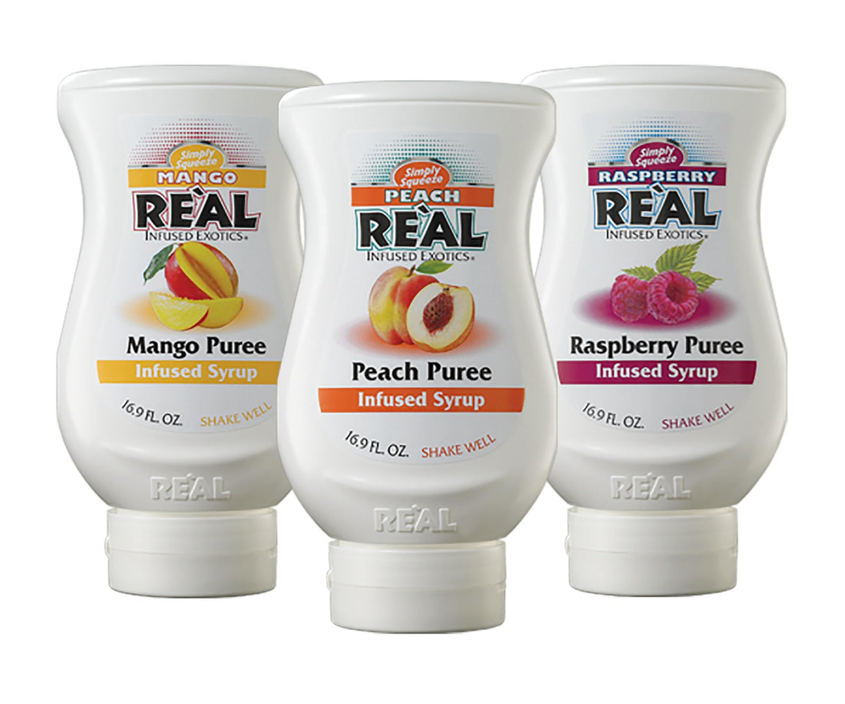 Real Infused Exotics Mango puree syrup bottle pour enhances bubble tea flavor.