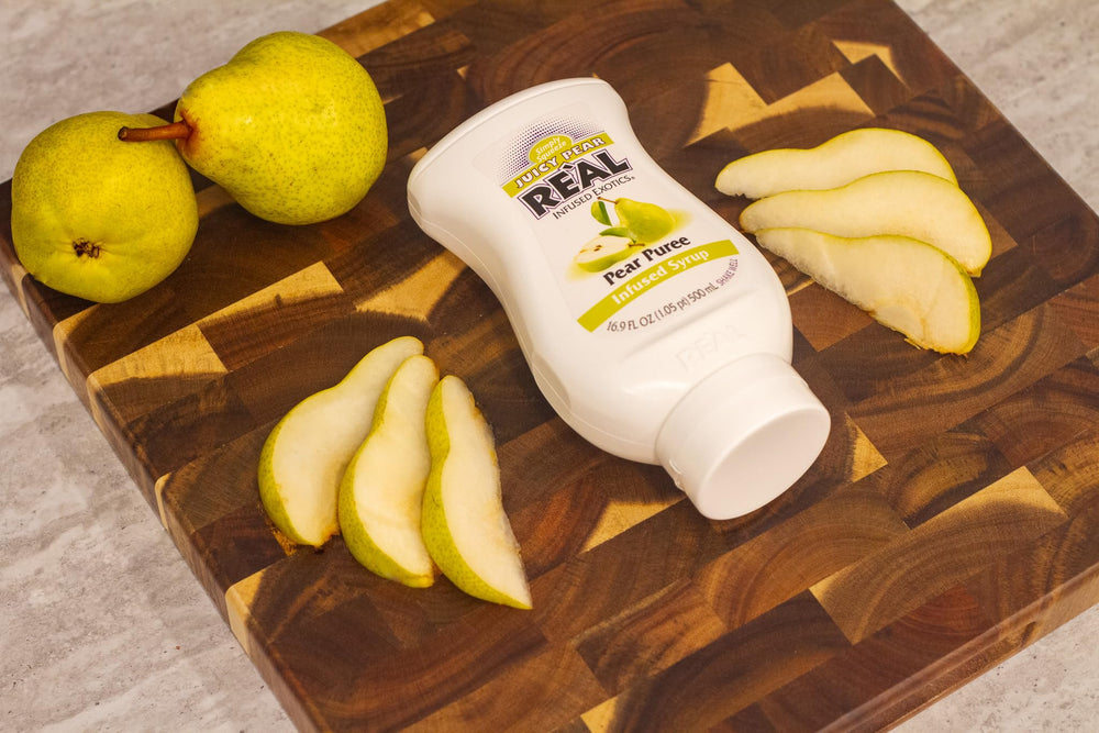 Reàl Infused Exotics pear glaze on pastries enhances dessert presentation.