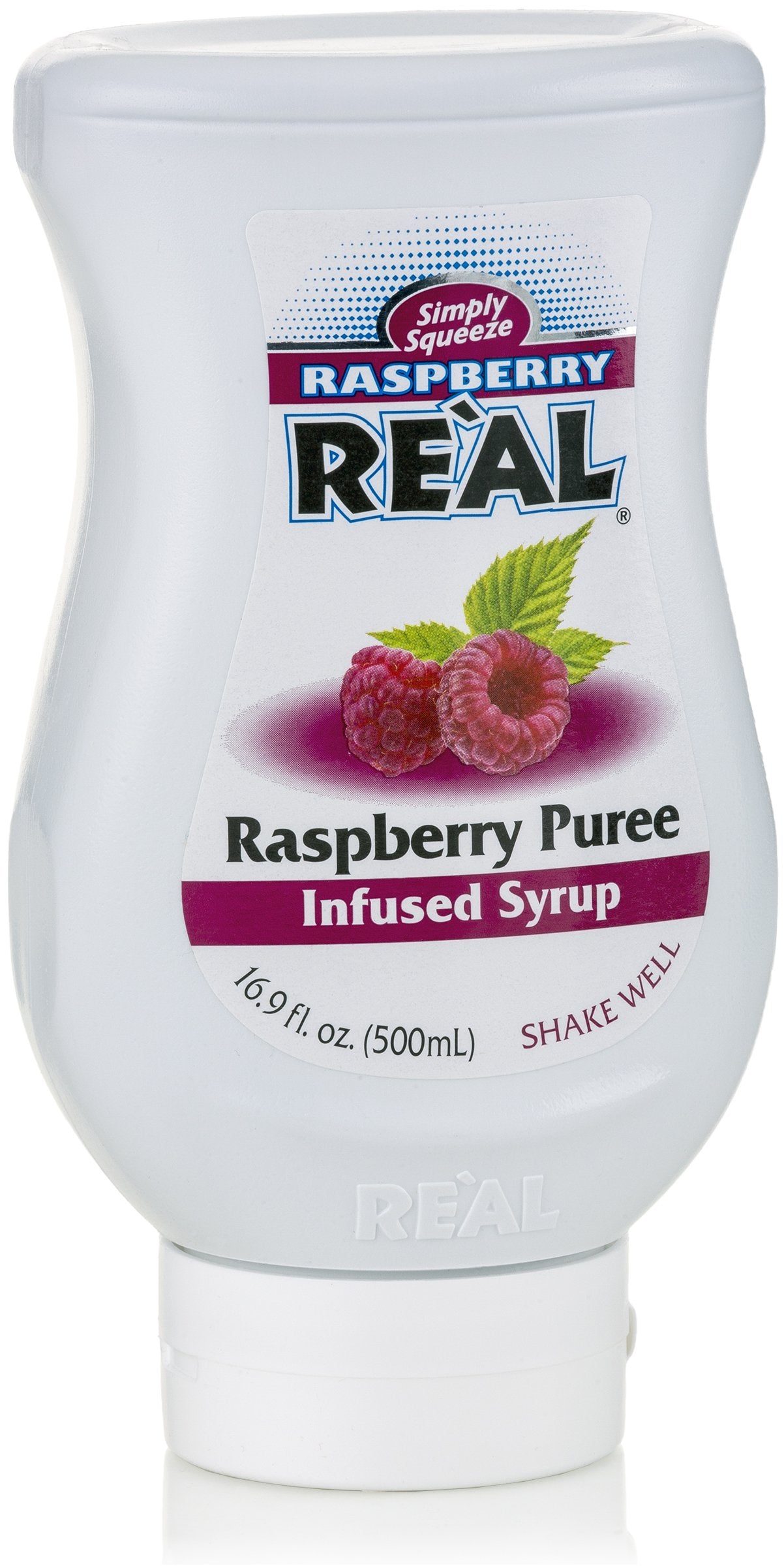 Reàl Infused Exotics Raspberry Syrup bottle pour highlights convenient use.