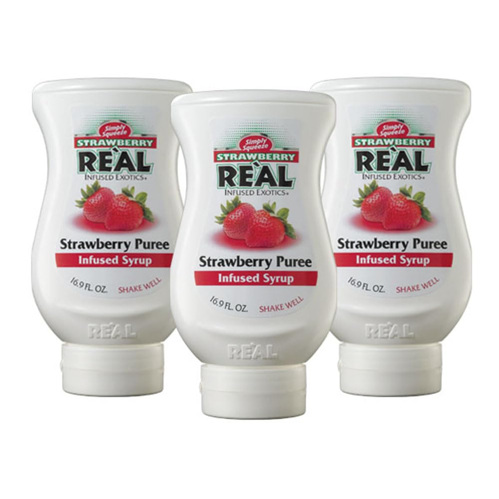 Reàl Infused Exotics strawberry syrup trio in squeeze bottles for easy mixing.