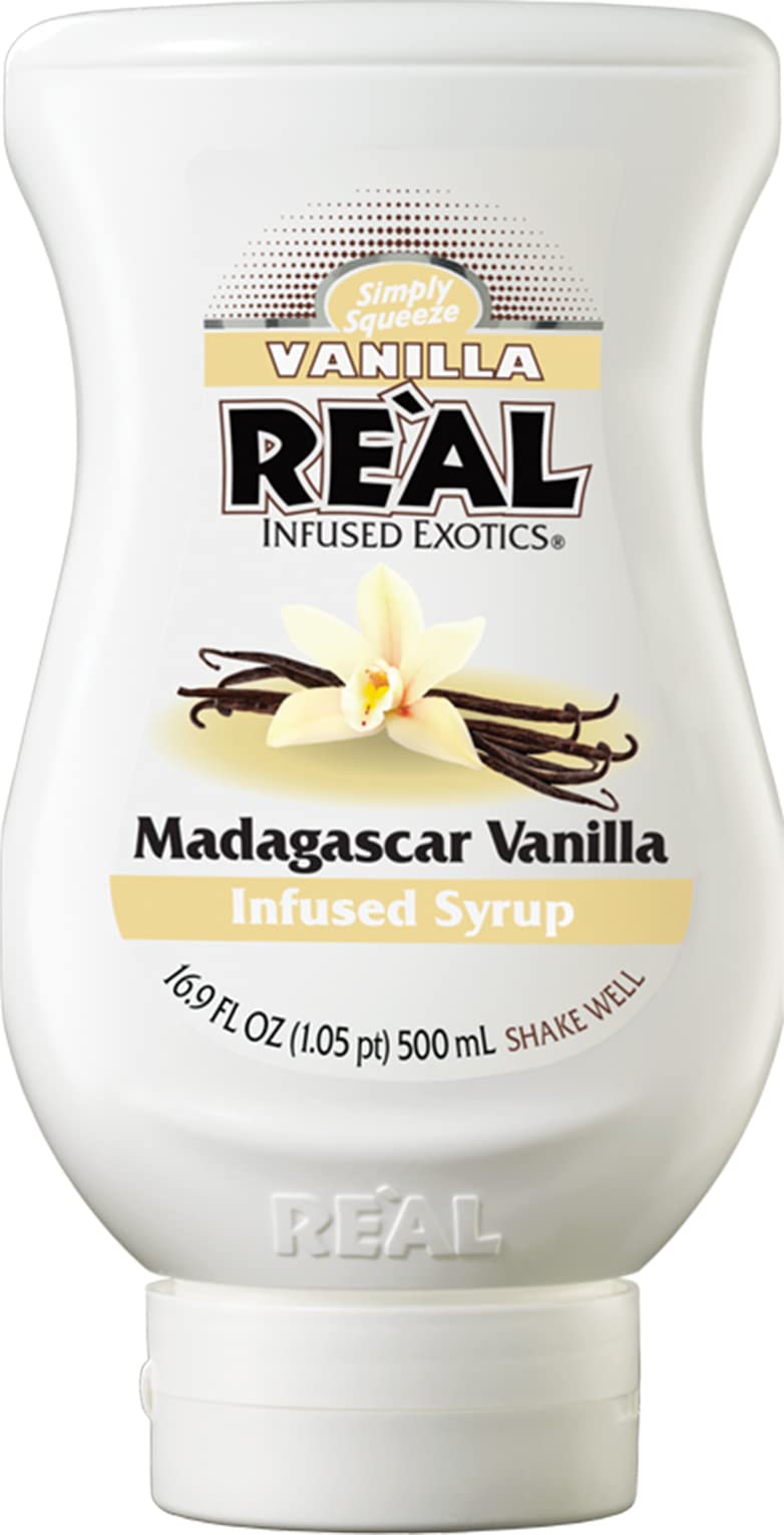 Reàl Infused Exotics Vanilla Syrup bottle front, ideal for coffees and cocktails.