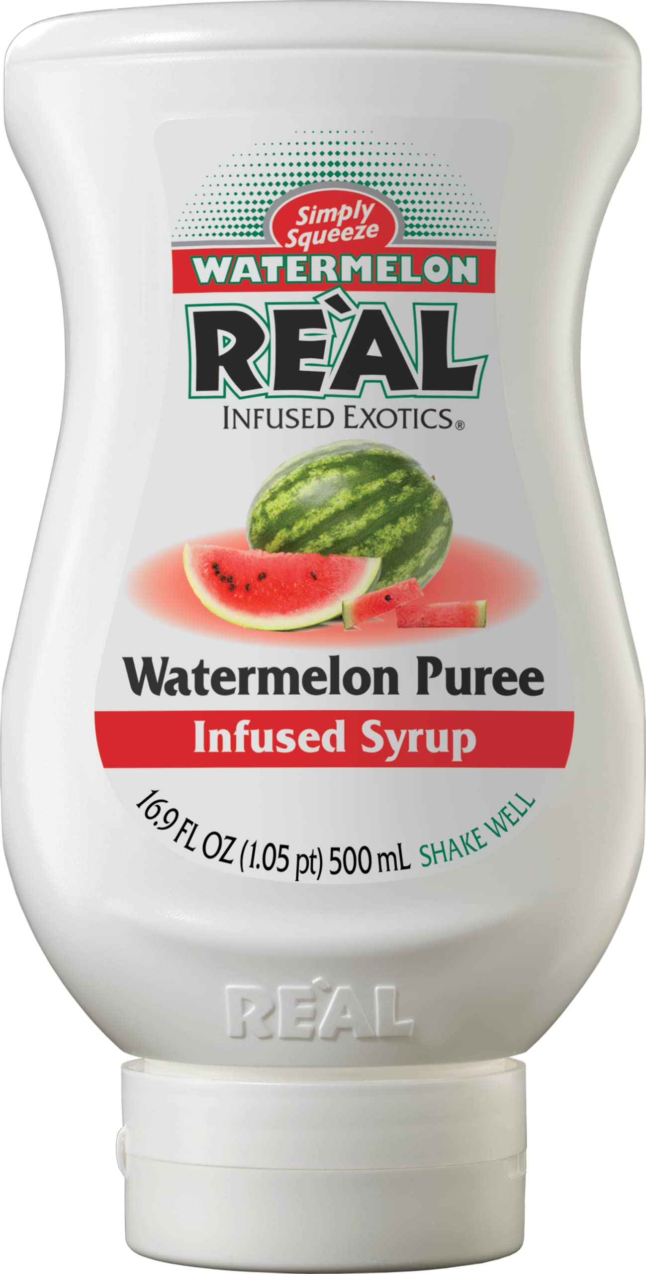 Reàl Infused Exotics Watermelon Puree Syrup bottle for refreshing summer cocktails.