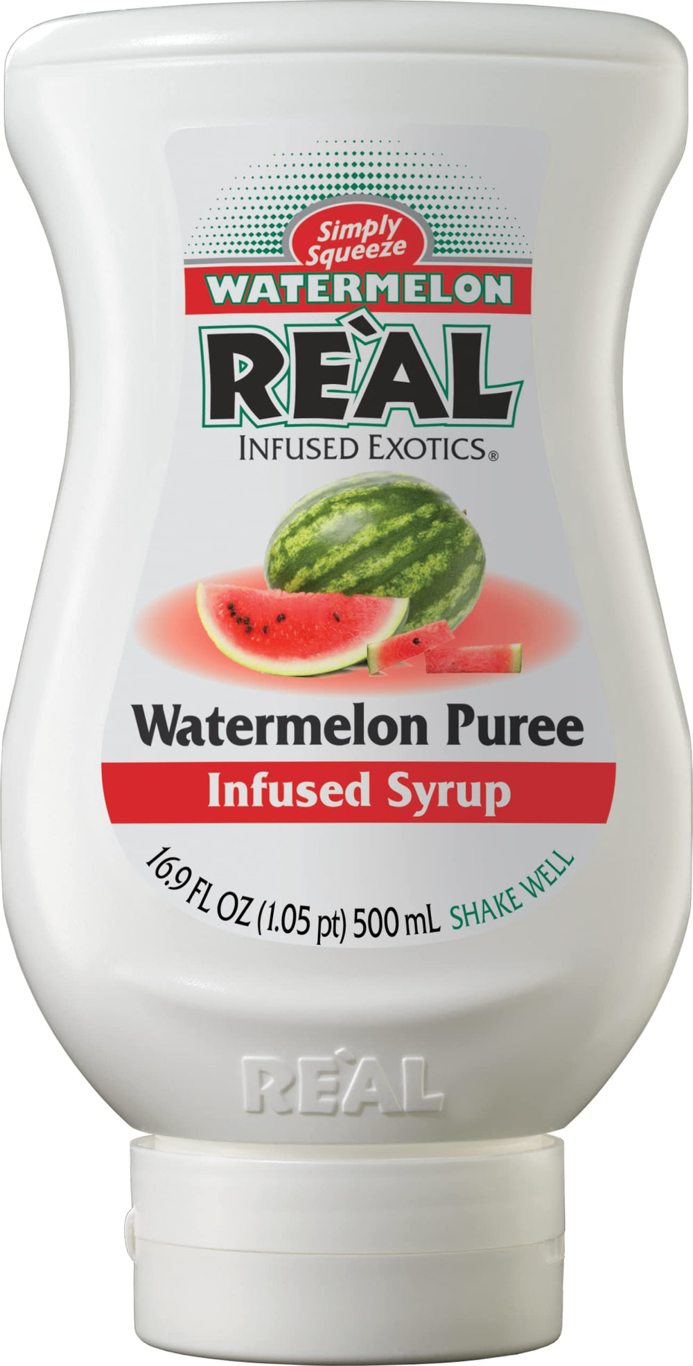 Reàl Infused Exotics Watermelon Puree Syrup bottle for refreshing summer cocktails.