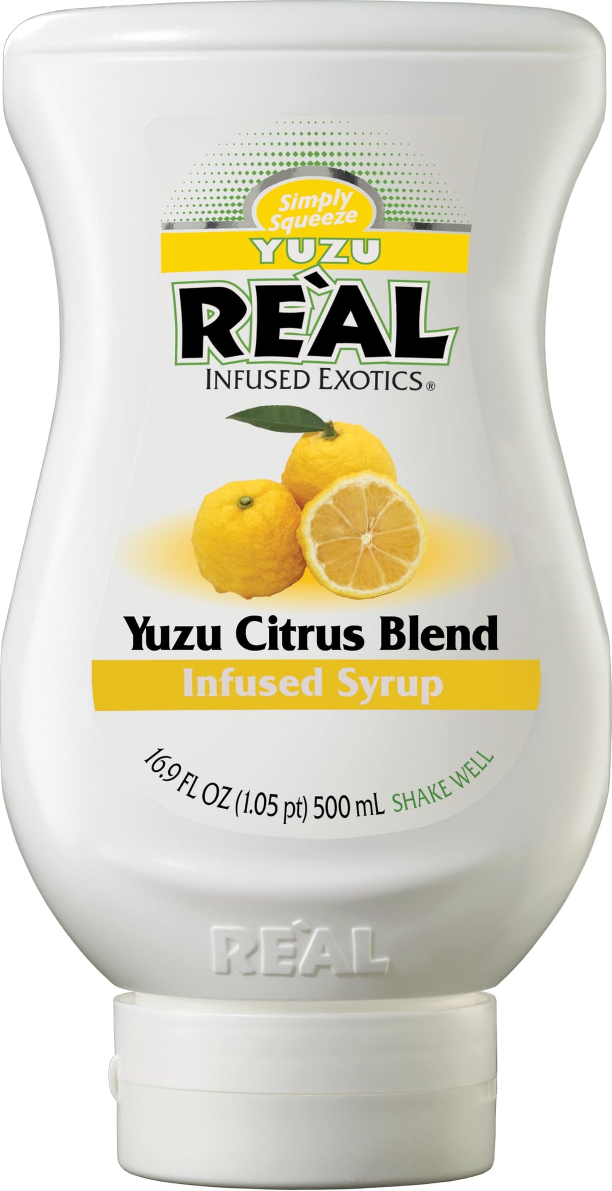Reàl Infused Exotics Yuzu Syrup bottle close-up for bold cocktails.