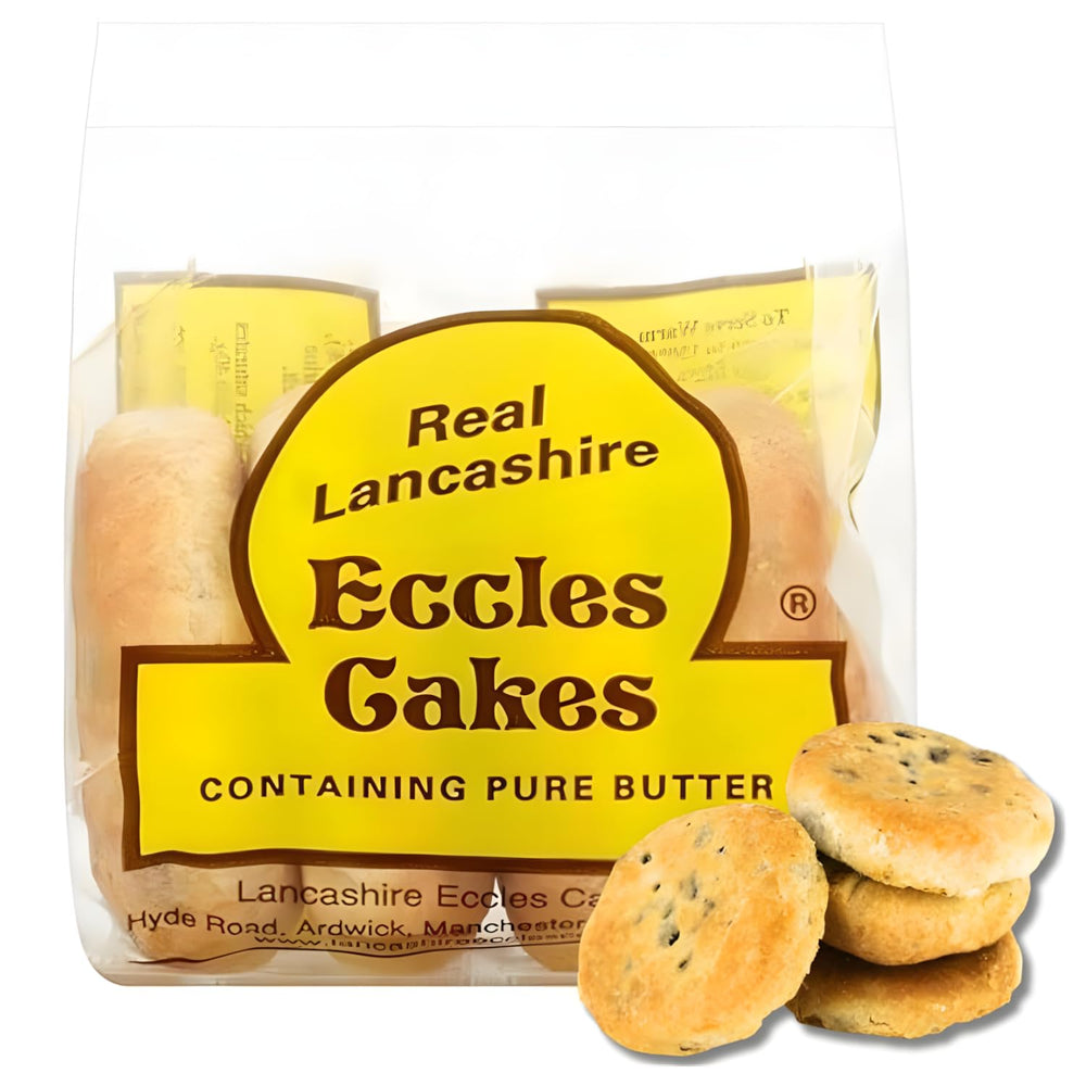 Real Lancashire Eccles Cakes pack 4 pieces on a plate, ideal for tea-time.