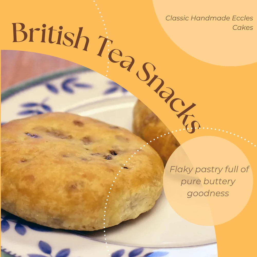 Real Lancashire Eccles Cakes beside a steaming cup of tea for a cozy break.