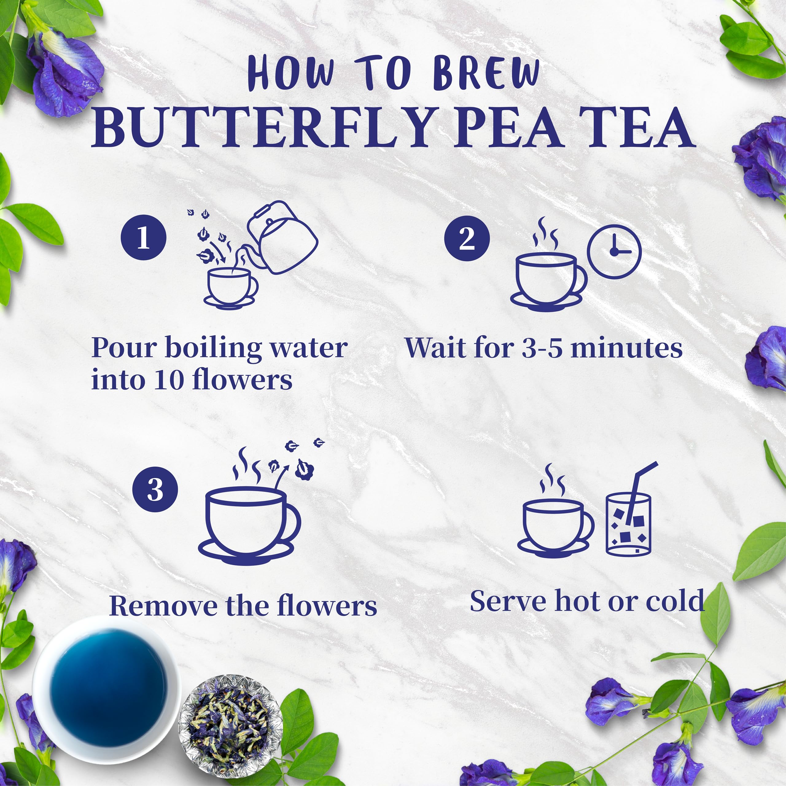 Real Naturals butterfly pea tea blue infusion in cup suggests calming ritual.