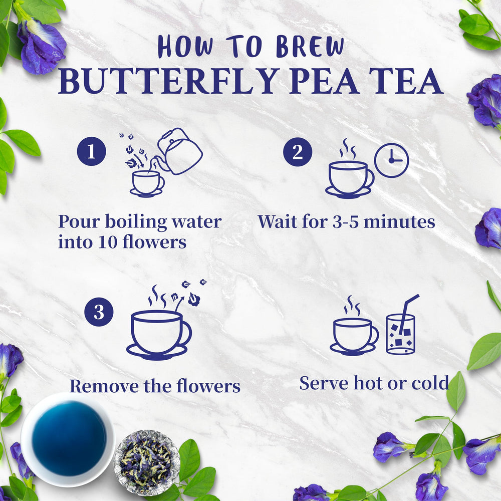 Real Naturals butterfly pea tea blue infusion in cup suggests calming ritual.
