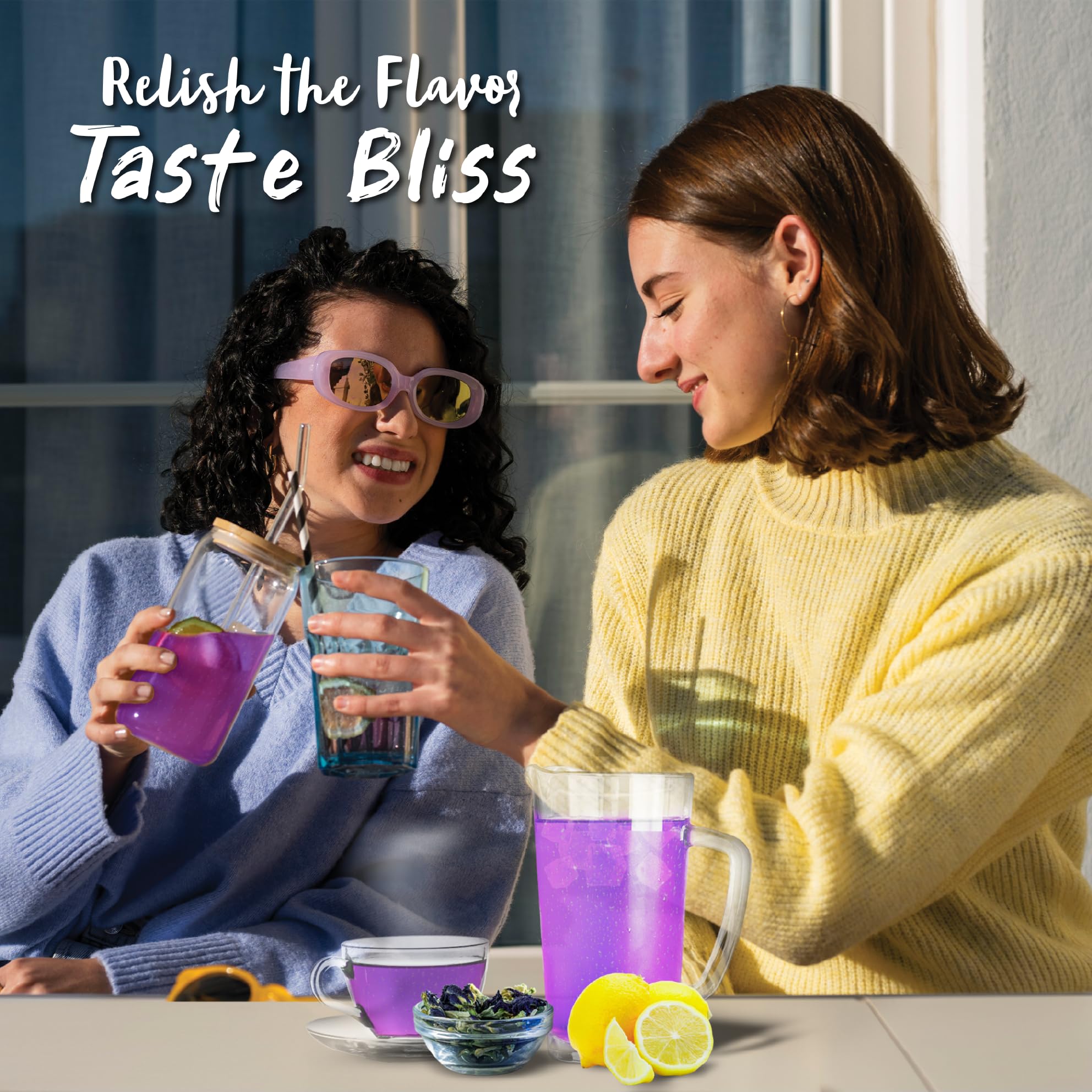 Real Naturals butterfly pea tea dried flowers closeup shows vibrant color.