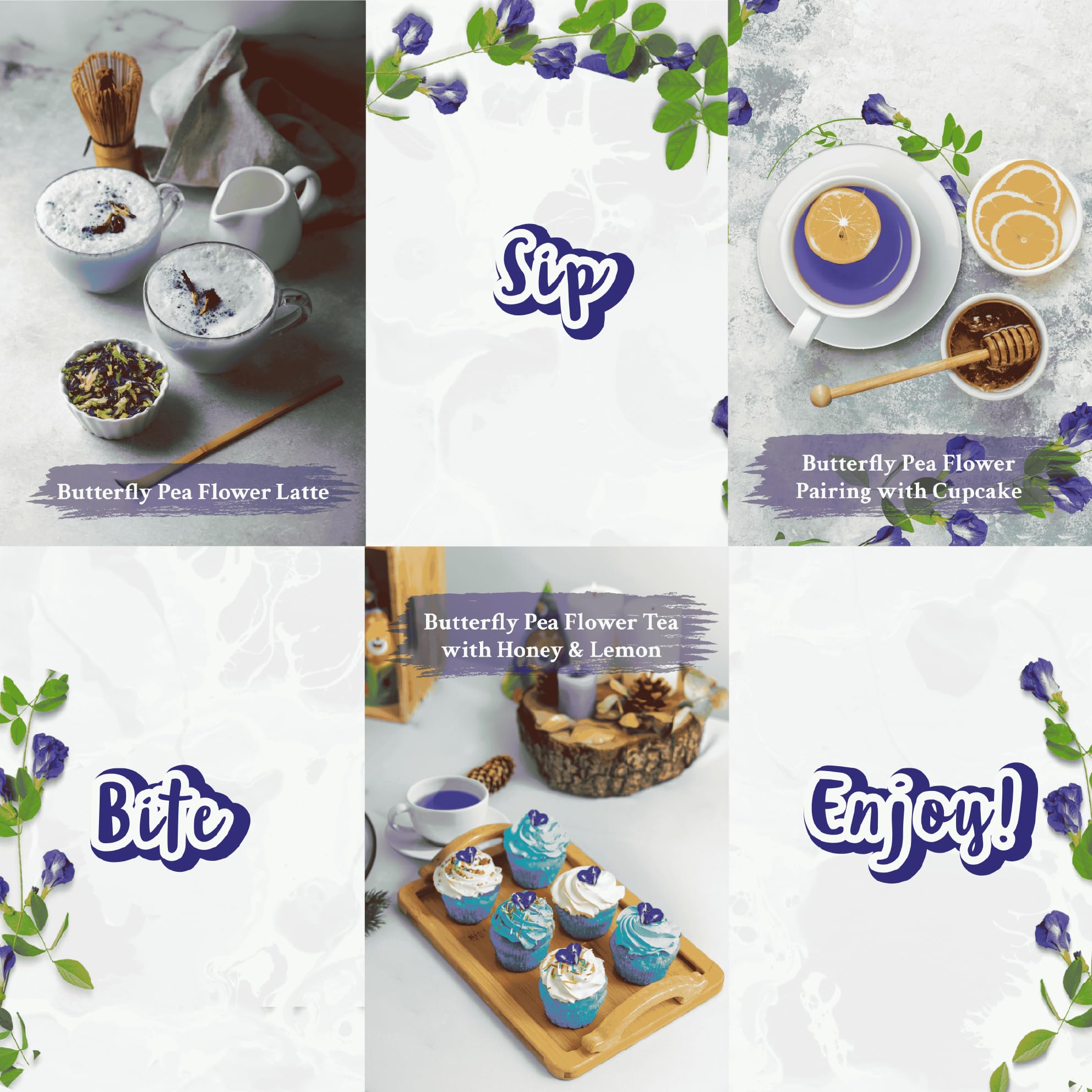 Real Naturals butterfly pea tea hand-harvested flowers highlight premium sourcing.
