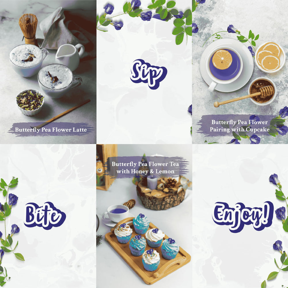 Real Naturals butterfly pea tea hand-harvested flowers highlight premium sourcing.