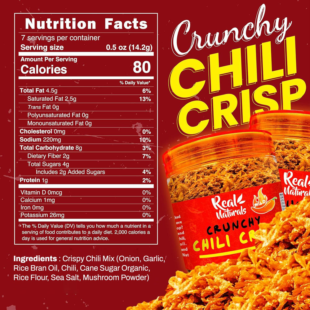 Real Naturals Chili Crisp with garlic and onion crunch, ideal for boosting umami.