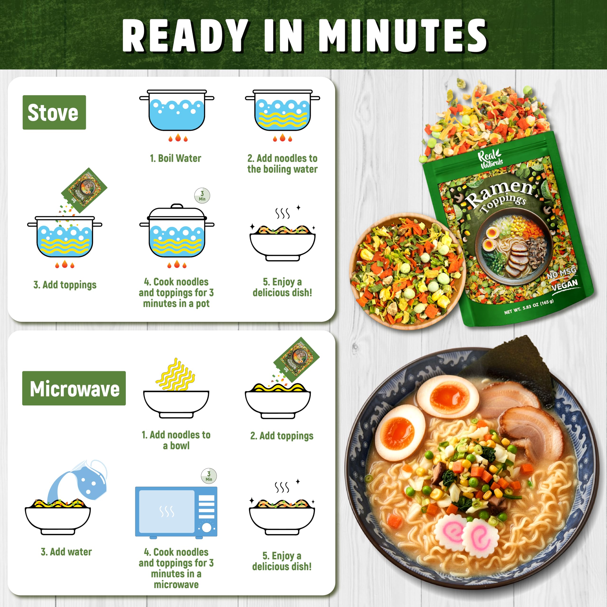 Real Naturals dried ramen toppings with green pea for color and bite