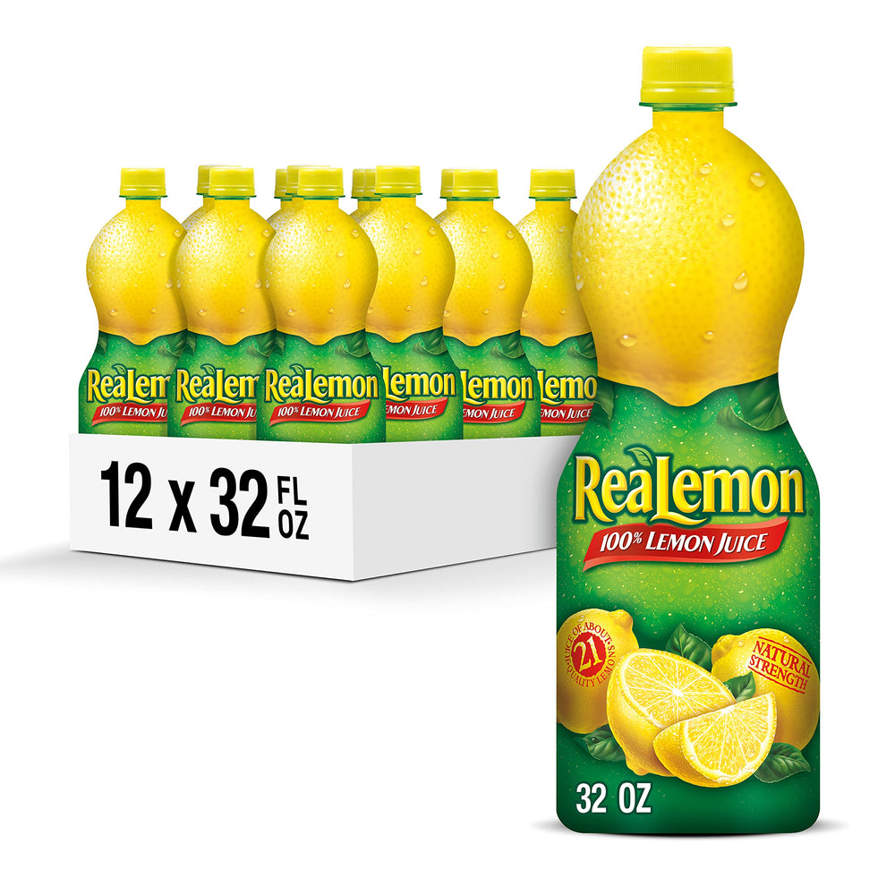 ReaLemon 100% lemon juice bottle pour for quick, fresh flavor.