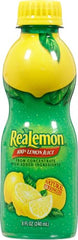 Realemon label closeup—clear packaging with 100% lemon juice.